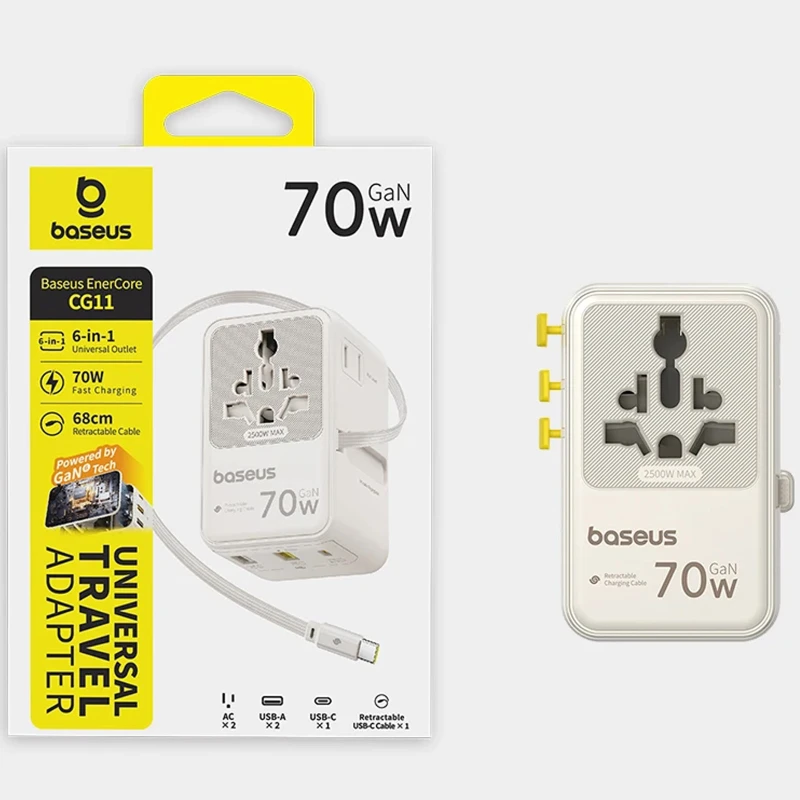Мережевий універсальний перехідник Baseus CG11 70W with retractable cable (2USB-A/3C/1Socket) (E0307E) – Off-White. Фото 2 з 3