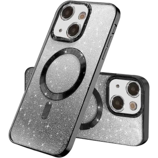 Чехол с блесками, защитными линзами на камеру и MagSafe для Apple iPhone 13 mini (5.4") — Черный / Black
