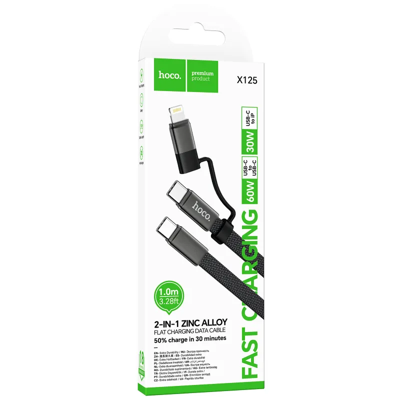 Дата кабель Hoco X125 Surplus 2in1 Type-C to Lightning/Type-C 60W (1m) – Black. Фото 2 з 5