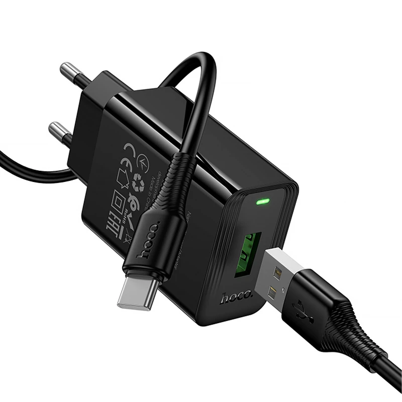 МЗП Hoco CS92A Leader 18W+QC3.0 (1USB-A) + кабель USB to Type-C – Black. Фото 5 з 7