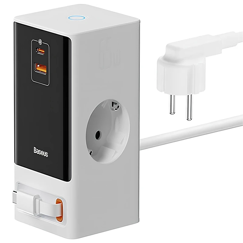 СЗУ Baseus OS PowerCombo Digital PowerStrip+Retractable-C 65W (1USB-A/1C/2Socket) (1.5m) (PSLR000) – Glacier White. Фото 1 из 5