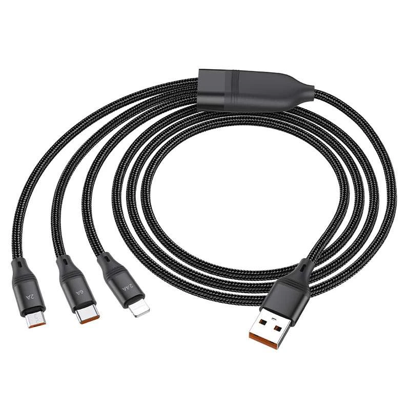 Дата кабель Hoco U104 Ultra 6A 3in1 Lightning -MicroUSB-Type-C (1.2m) – Черный. Фото 4 из 6