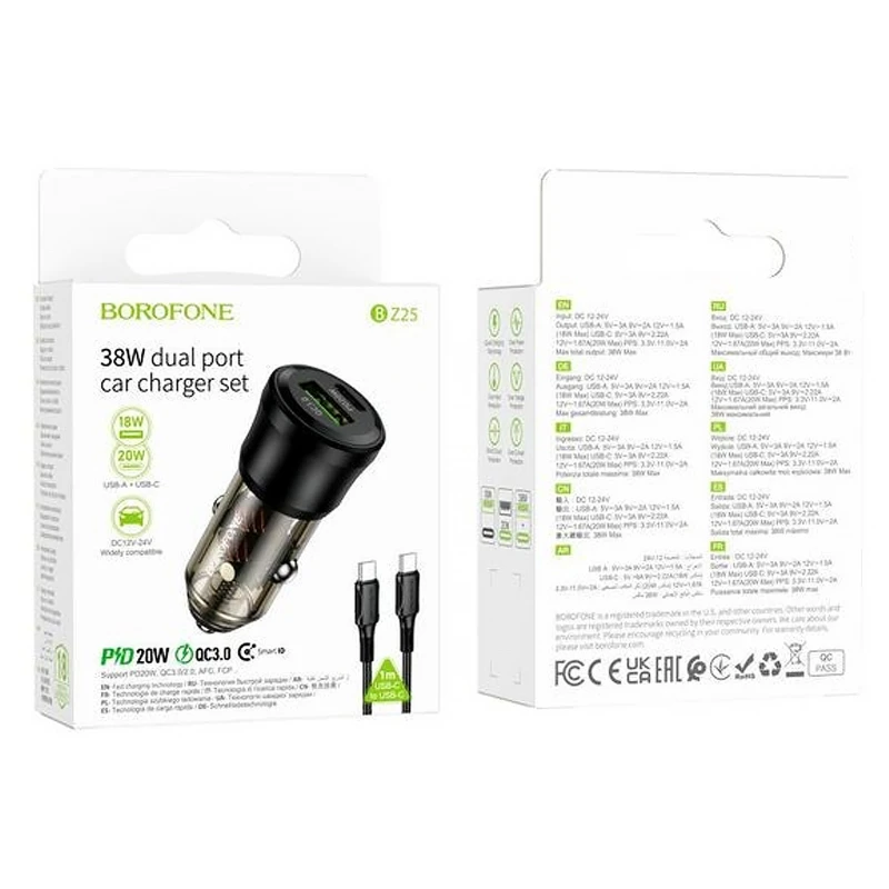 АЗП Borofone BZ25 Journey PD20W+QC3.0 total 38W (1USB-A/1C) + кабель Type-C to Type-C – Transparent black. Фото 4 з 4