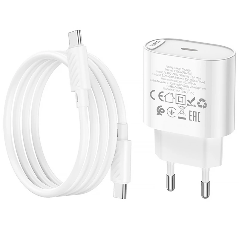 МЗП Hoco C109A Fighter PD20W (1USB-C) + кабель Type-C to Type-C – White. Фото 6 з 6