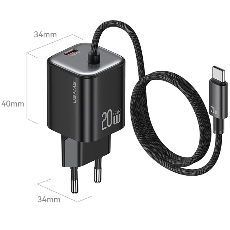 МЗП Usams US-CC261 GaN JC Ser. 20W (2USB-C) + кабель Type-C to Type-C – Black. Фото 3 з 8