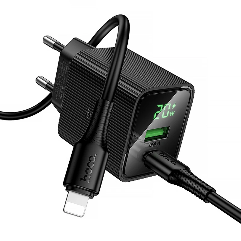 СЗУ Hoco CS83A Excellent with digital display PD20W+QC3.0 (1USB-A/1C) + кабель Type-C to Lightning – Black. Фото 3 из 5