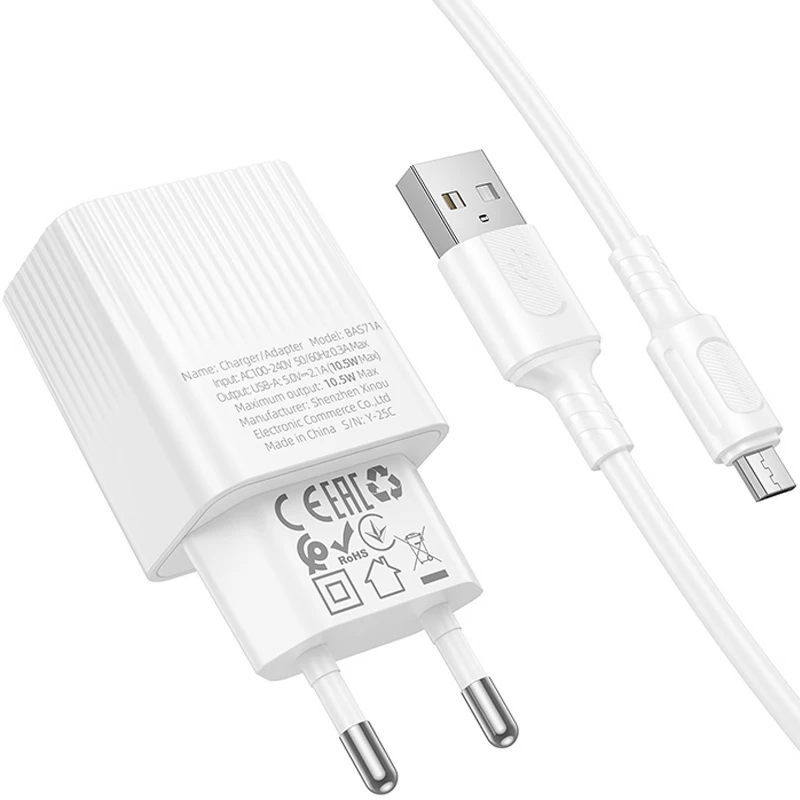 МЗП Borofone BAS71A Source 10.5W (1USB-A) + кабель USB to MicroUSB – White. Фото 4 з 5