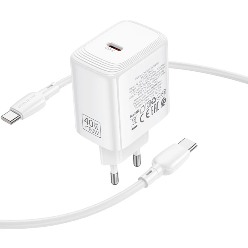 МЗП Borofone BN33 Fuente PD40W (1USB-C) + кабель Type-C to Type-C – White. Фото 4 з 6