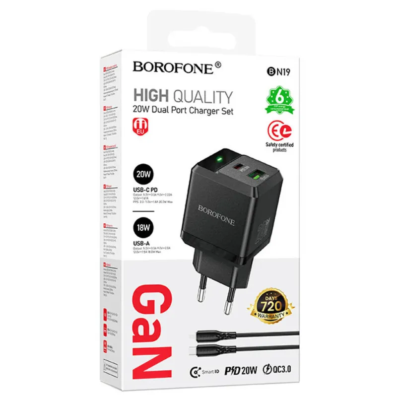 МЗП Borofone BN19 Intenso PD20W+QC3.0 (1USB-A/1C) + кабель Type-C to Lightning – Black. Фото 2 з 4