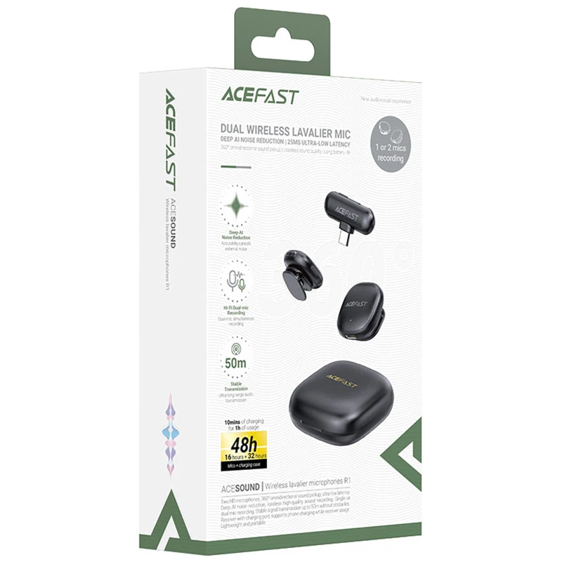 Петличний бездротовий мікрофон Acefast R1 Type-C – Black. Фото 5 з 5
