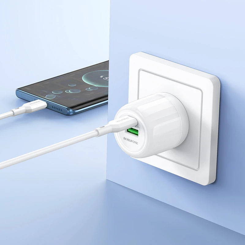 МЗП Borofone BA93A Lustrous PD20W+QC3.0 (1USB-A/1C) + кабель Type-C to Type-C – White. Фото 4 з 5