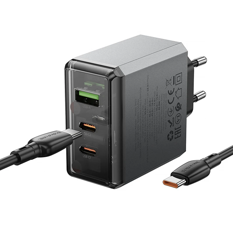 СЗУ Borofone BN22 Lena PD65W (1USB-A/2C) + кабель Type-C to Type-C – Metal gray. Фото 4 из 6