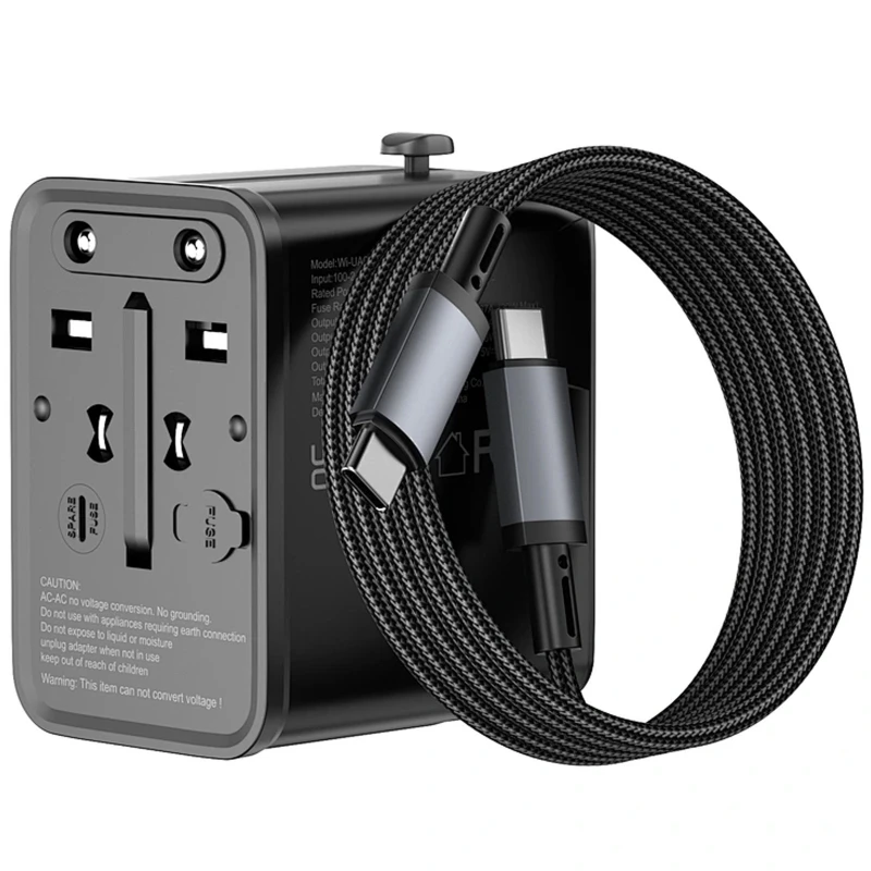 Мережевий універсальний перехідник WIWU UA013 20W GaN + 1USB-A/2C with retractable cable Type-C – Black. Фото 4 з 5