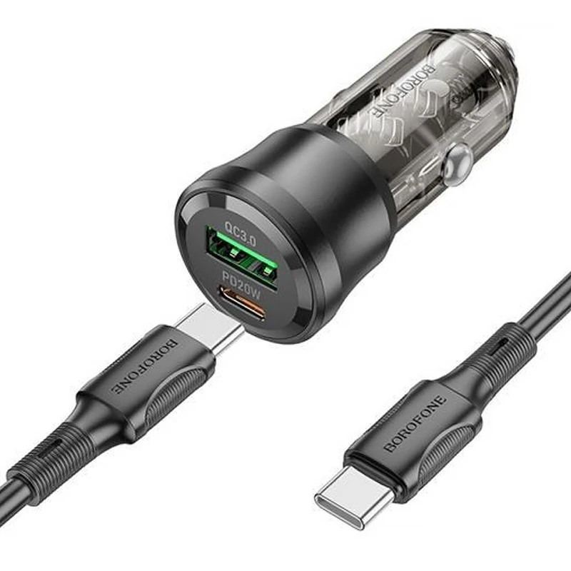 АЗП Borofone BZ25 Journey PD20W+QC3.0 total 38W (1USB-A/1C) + кабель Type-C to Type-C – Transparent black. Фото 2 з 4