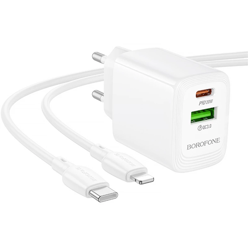 МЗП Borofone BN27 Fuente PD20W+QC3.0 (1USB-A/1C) + кабель Type-C to Lightning – White. Фото 3 з 6