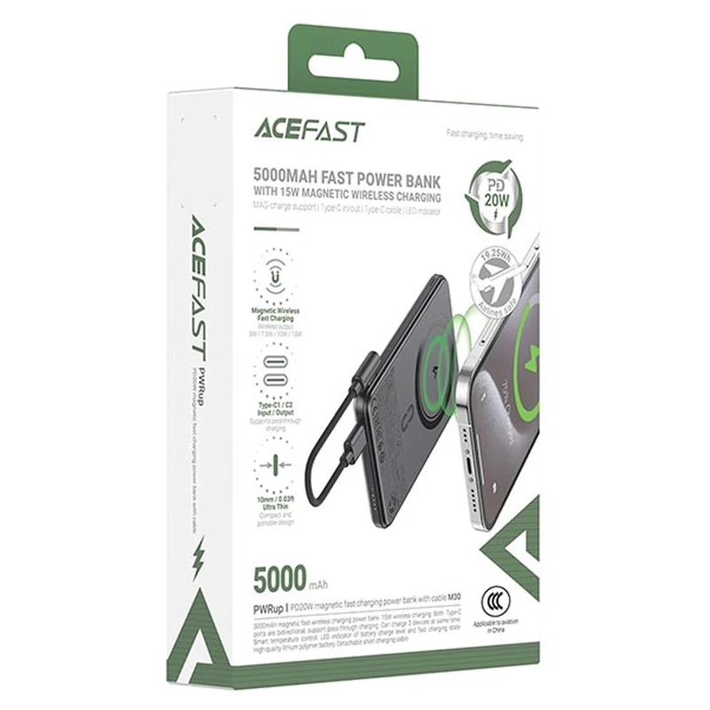 Портативний ЗП Power Bank Acefast M30 PD20W з БЗП with cable 5000 mAh – Black. Фото 6 з 7