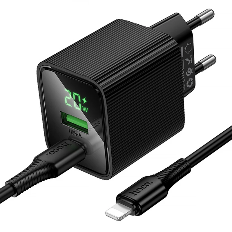 СЗУ Hoco CS83A Excellent with digital display PD20W+QC3.0 (1USB-A/1C) + кабель Type-C to Lightning – Black. Фото 4 из 5