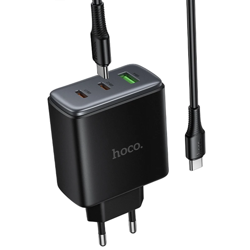 СЗУ Hoco C160A Upgrade PD65W+QC3.0 (1USB-A/2C) + кабель Type-C to Type-C – Black. Фото 4 из 6
