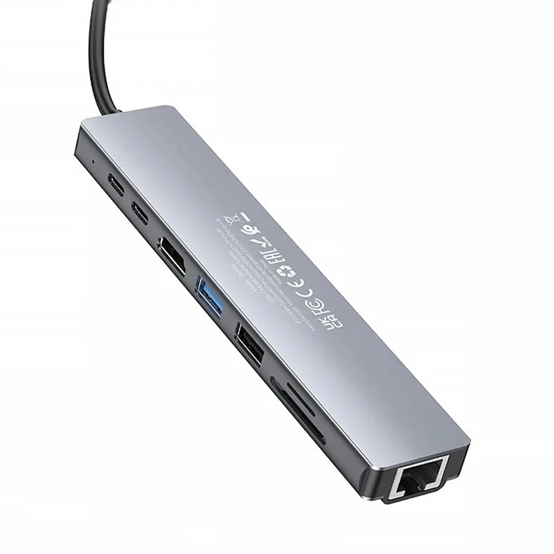 Перехідник HUB Hoco DUP09 (Type-C to HDMI+USB 3.0+USB 2.0+2xType-C+SD/TF) – silver. Фото 3 з 5