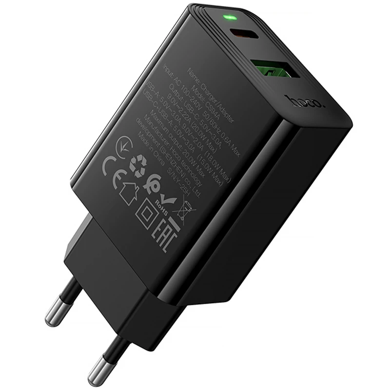 СЗУ Hoco CS94A Leader PD20W+QC3.0 (1USB-A/1C) – Black. Фото 4 из 6