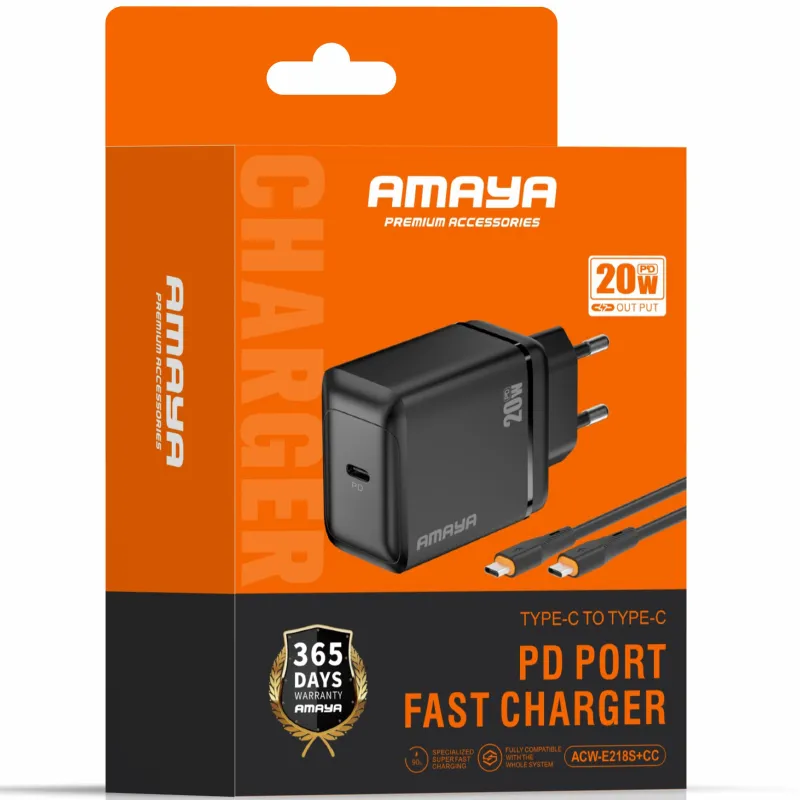 МЗП Amaya E218S PD20W+QC3.0 (1USB-A/1C) + кабель Type-C to Type-C – Black. Фото 2 з 2