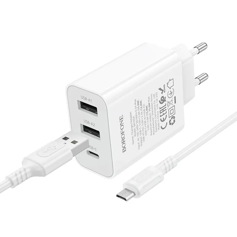 МЗП Borofone BA105A Stellar 15W (2USB-A/1C) + кабель USB to MicroUSB – White. Фото 3 з 3