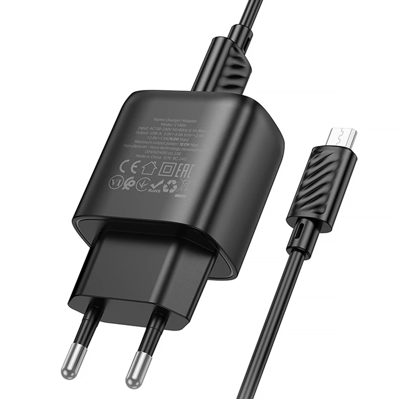 МЗП Hoco C140A Smart QC3.0 18W (1USB-A) + кабель USB to MicroUSB – Black. Фото 4 з 5