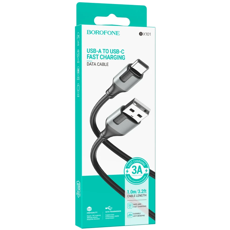 Дата кабель Borofone BX101 Creator USB to Type-C 3A (1m) – Black. Фото 2 из 5