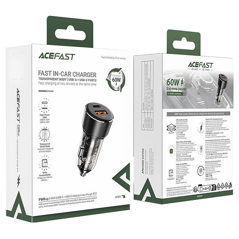 АЗУ Acefast B12 PD30W+QC3.0 total 60W (1USB-A/1C) – Black. Фото 4 из 4