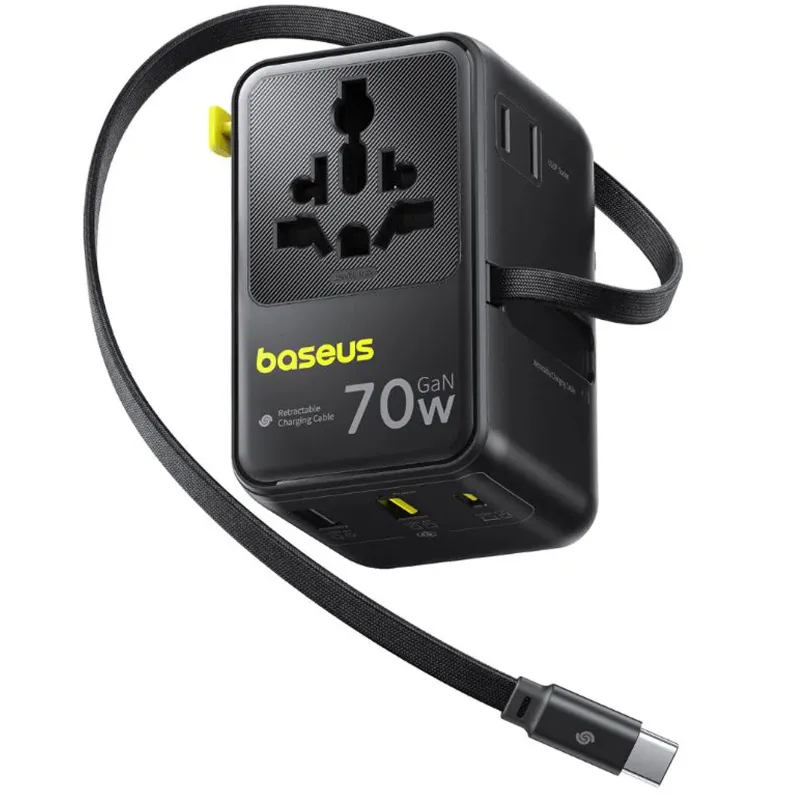 Мережевий універсальний перехідник Baseus CG11 70W with retractable cable (2USB-A/3C/1Socket) (E0307E) – Cosmic Black. Фото 1 з 3