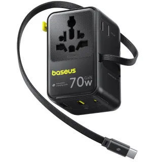 Мережевий універсальний перехідник Baseus CG11 70W with retractable cable (2USB-A/3C/1Socket) (E0307E) — Cosmic Black