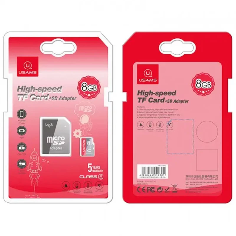 Карта пам'яті USAMS US-ZB116 TF High Speed Card 8 Gb + adapter – Red. Фото 2 з 2