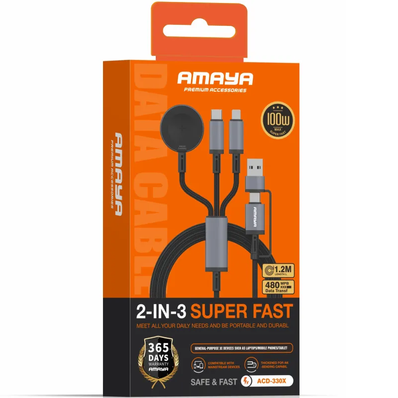Дата кабель Amaya ACD-330X 6in1 Type-C/USB to iWatch/Lightning/Type-C 100W (1.2m) – Black. Фото 2 з 2