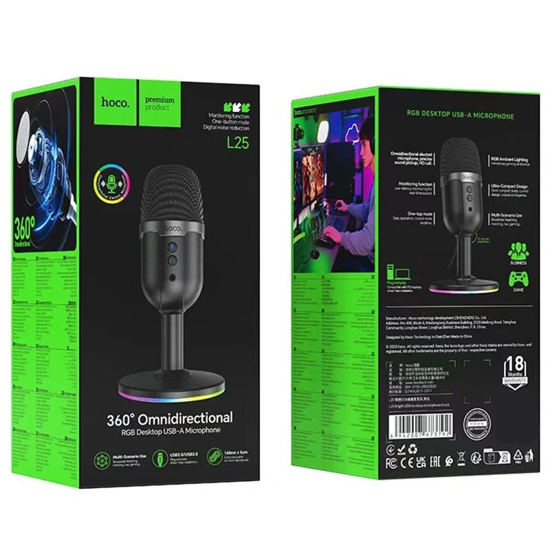 Мікрофон всеспрямований для геймінгу Hoco L25 Bright USB – Black. Фото 2 з 5