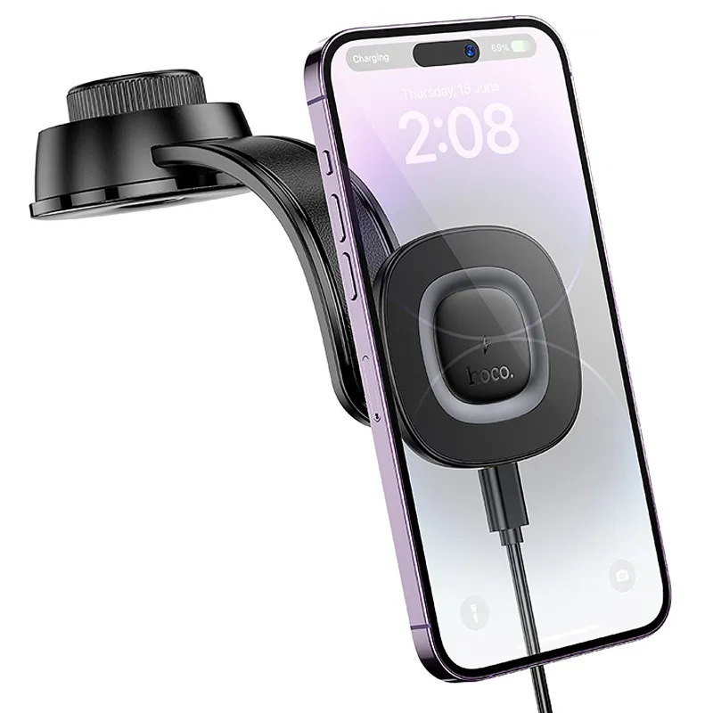 Автотримач з БЗП Hoco HW31 Crown Magnetic Wireless Charging 15W – Black / Metal gray. Фото 3 з 6