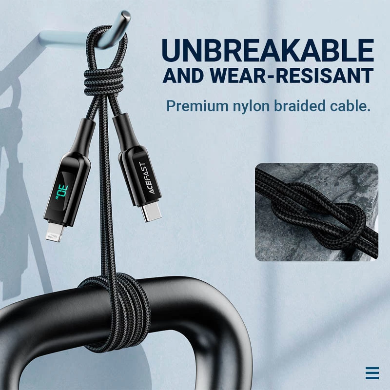 Дата кабель Acefast MFI C6-01 USB-C to Lightning zinc alloy digital display braided (1.2m) – Black. Фото 3 з 7