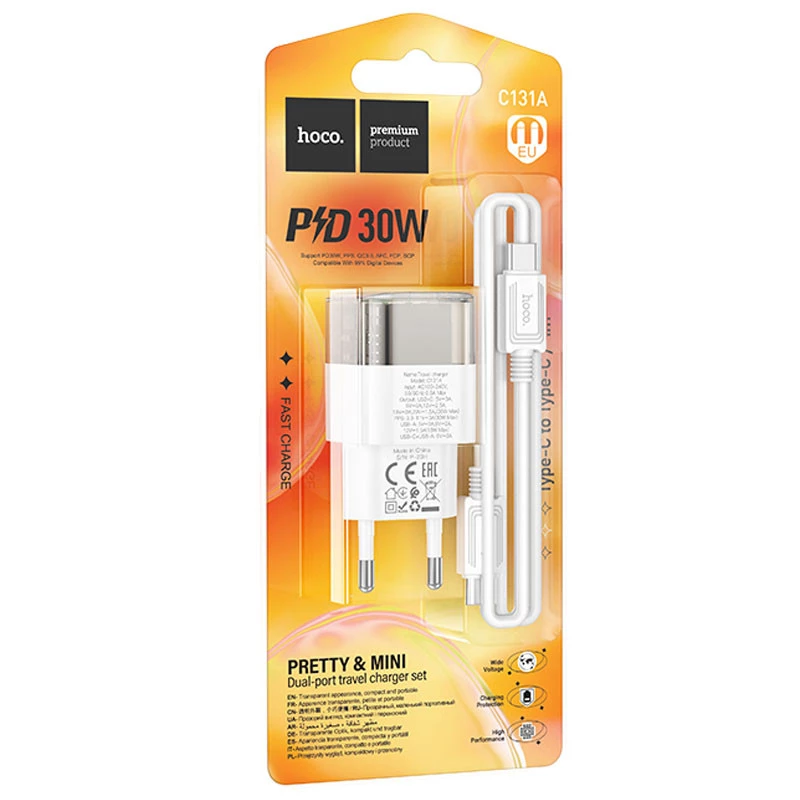 СЗУ Hoco C131A Platium PD30W+QC3.0 + Type-C to Type-C – Transparent black. Фото 4 из 4