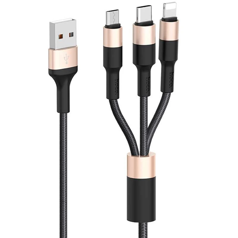 

Дата кабель Hoco X26 Xpress 3in1 Lightning -MicroUSB-Type-C (1m) (Черный / Золотой), Чорний / золотий