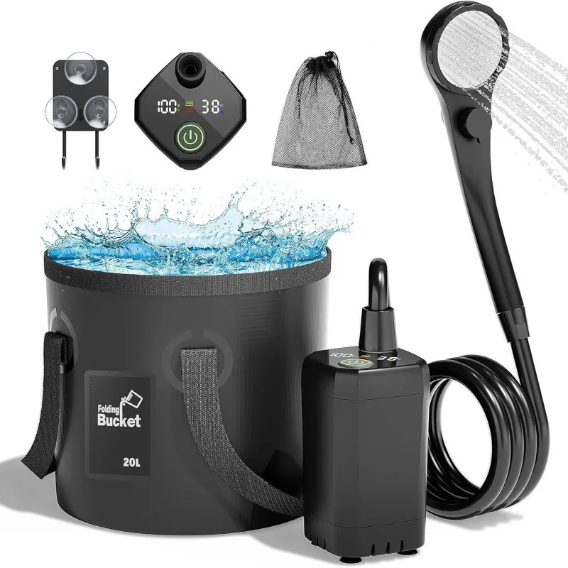 Портативний душ Spopal Pro Water Temp and Battery Level Indicator 6000mAh + bucket 20L (USB-C) – Black. Фото 2 з 4