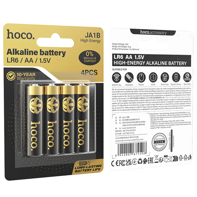 Батарейки Hoco JA1B AA (LR6) Alkaline 4 pcs – Black. Фото 2 из 6
