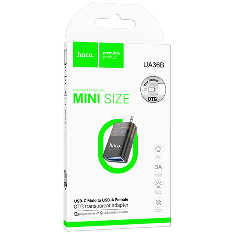 Перехідник Hoco UA36B OTG Type-C male to USB female transparent – Black. Фото 2 з 4