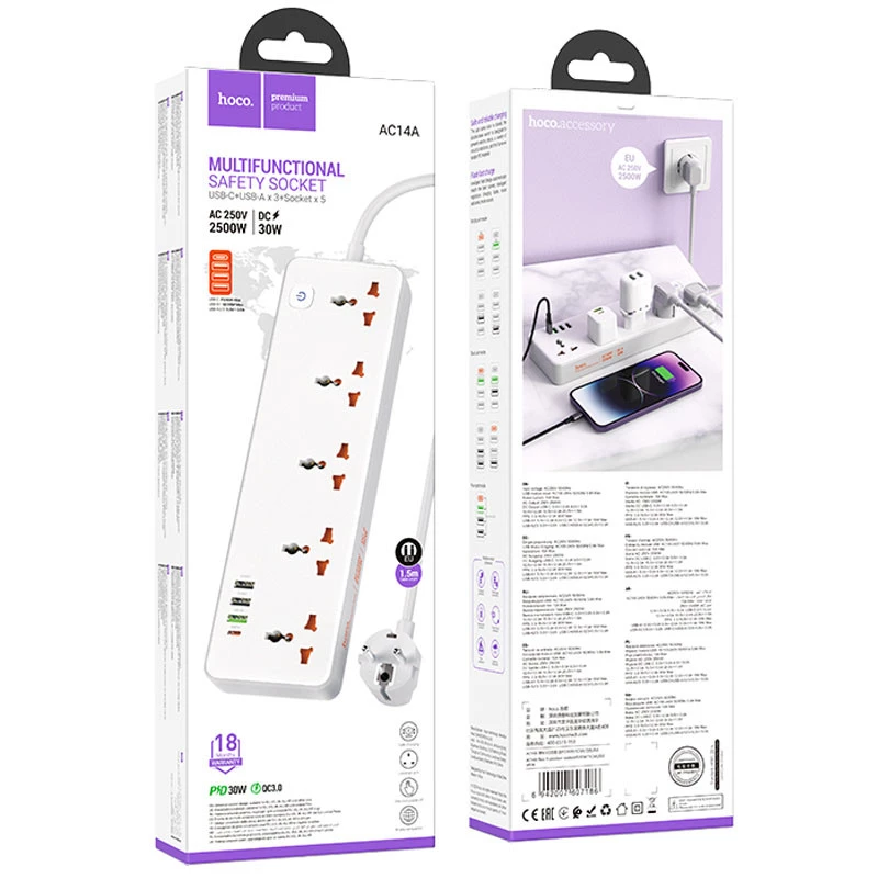 Удлинитель Hoco AC14A Rico PD30W (3USB-A/1C/5xSocket) (1.5m) – White. Фото 6 из 6