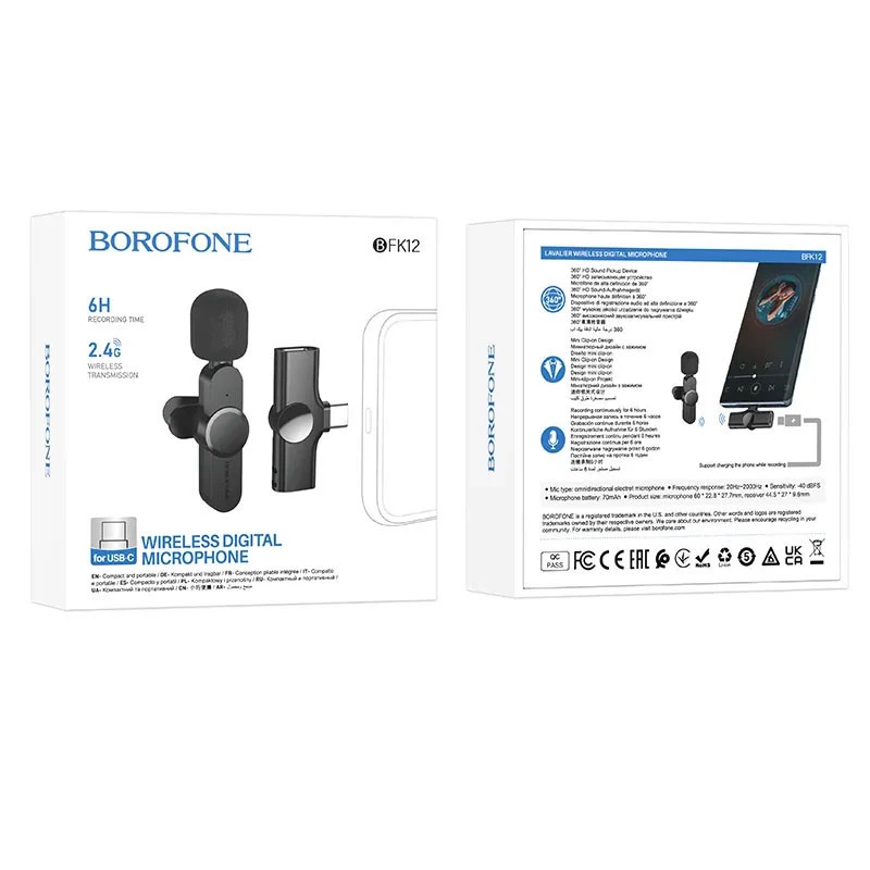 Петличный беспроводной микрофон Borofone BFK12 Trophy lavalier Type-C – Black. Фото 6 из 6