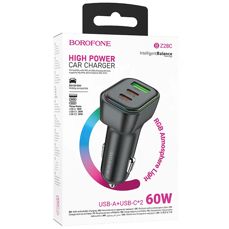 АЗП Borofone BZ28C Trophie PD60W+QC3.0 (1USB-A/2C) – Black. Фото 2 з 4