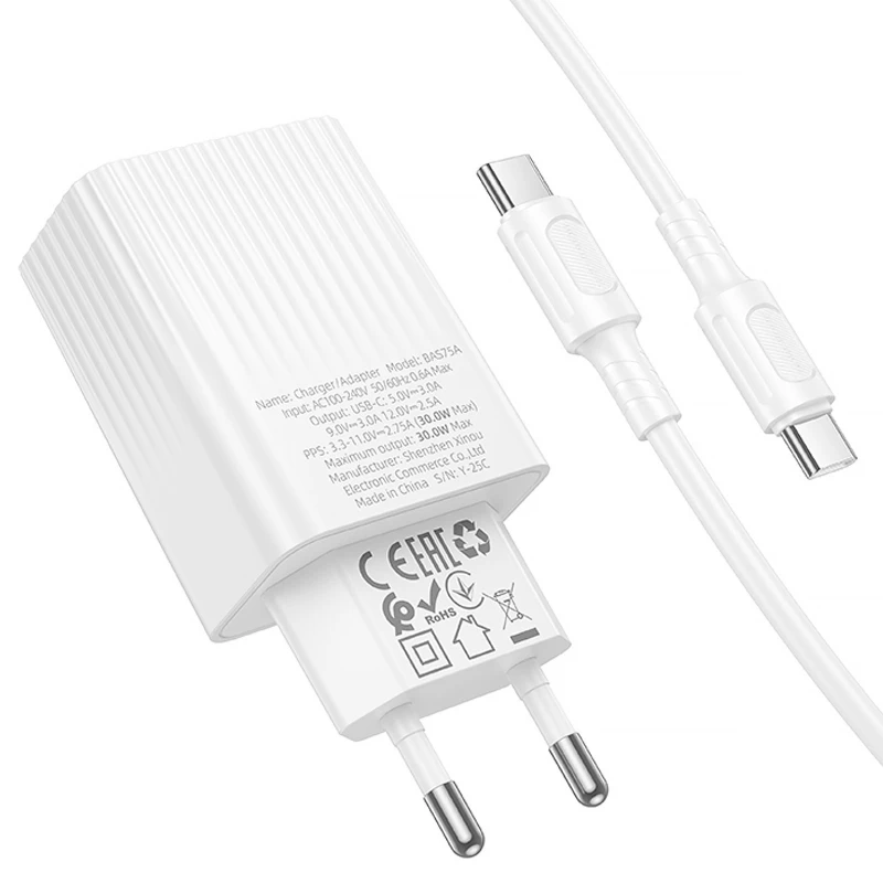 СЗУ Borofone BAS75A Source PD30W (1USB-C) + кабель Type-C to Type-C – White. Фото 5 из 5