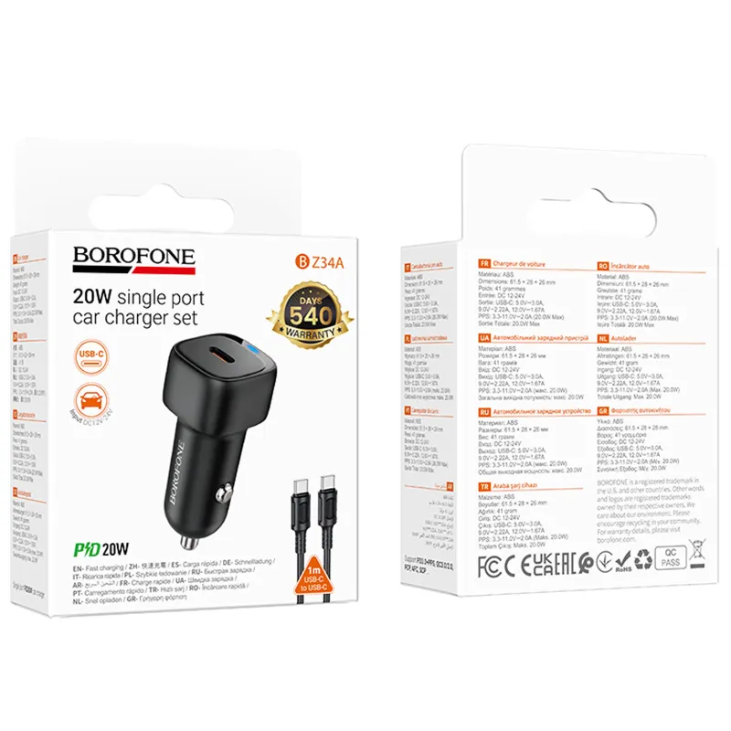 АЗП Borofone BZ34A Cloud PD20W (1USB-C) + кабель Type-C to Type-C – Black. Фото 2 з 5