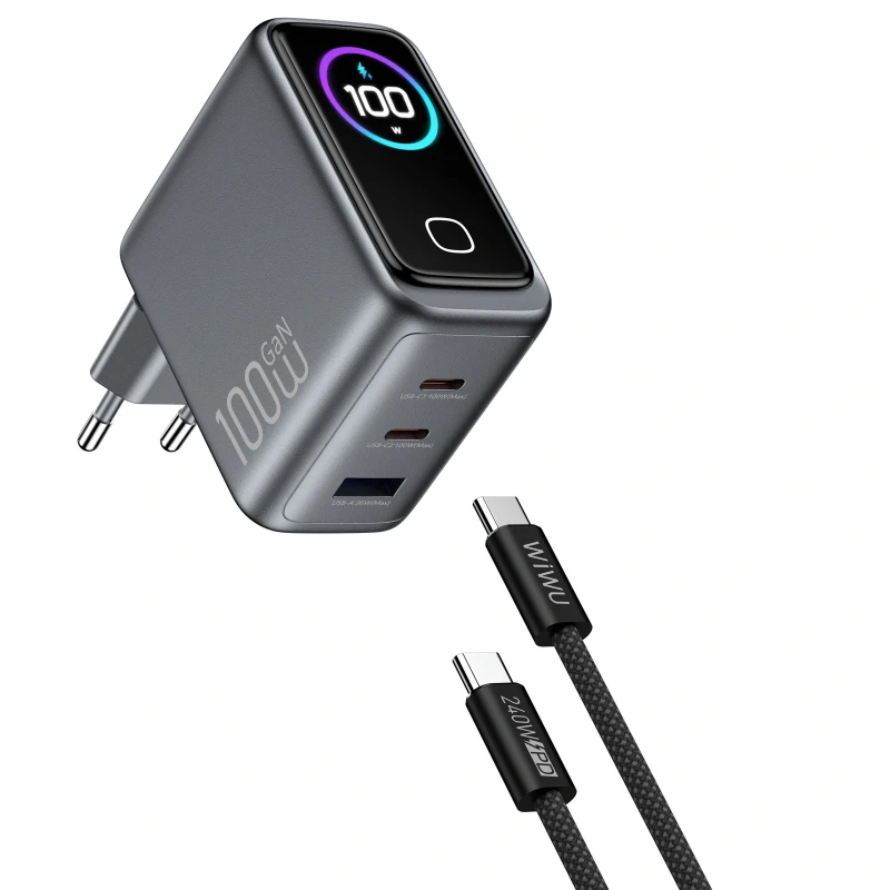 МЗП WIWU CHG300 Voyager PD100W+QC3.0 (1USB-A/2C) + кабель Type-C to Type-C – Grey. Фото 3 з 4
