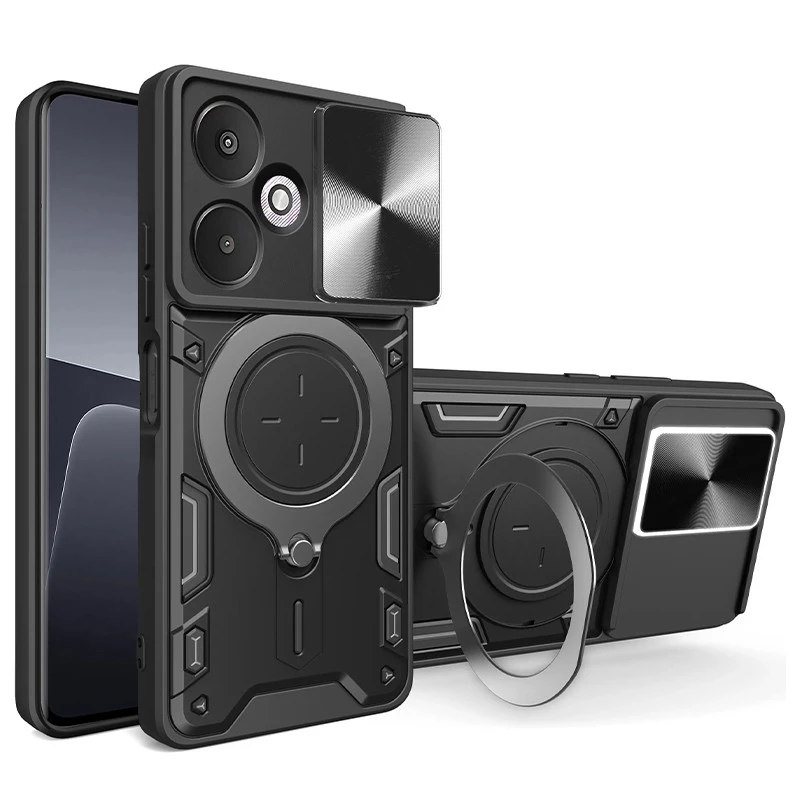 Ударопрочный чехол Bracket Ringstand с защитной шторкой для камеры для Xiaomi Poco M6 Pro 5G – Black. Фото 1 из 4