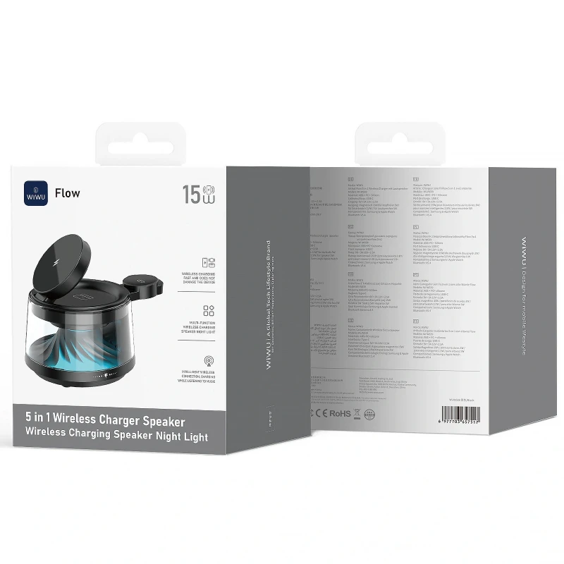 БЗП WIWU Wi-W039 Flow 5in1 wireless charger with Speaker & Night Light 15W – Black. Фото 6 з 6