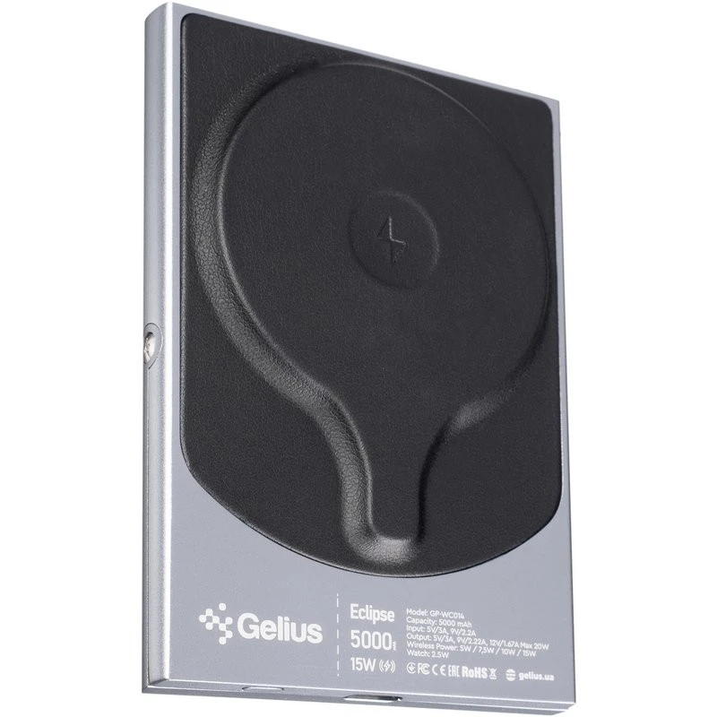Портативний ЗП Power Bank Gelius Eclipse Magnetic Wireless Charge GP-WC014 15W з БЗП 5000 mAh – Black. Фото 3 з 6